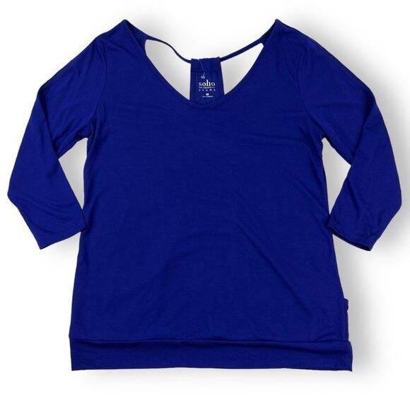soho New York & Co Jeans WOMENS SMALL Blue 3/4 Sleeve Covered Strap-Back Top NEW - Picture 14 of 16